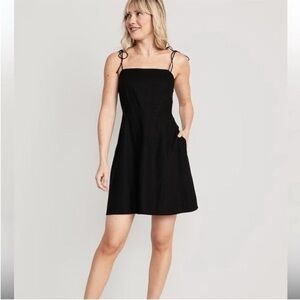 Linen Black Tie-Shoulder Smocked Mini Dress - Women